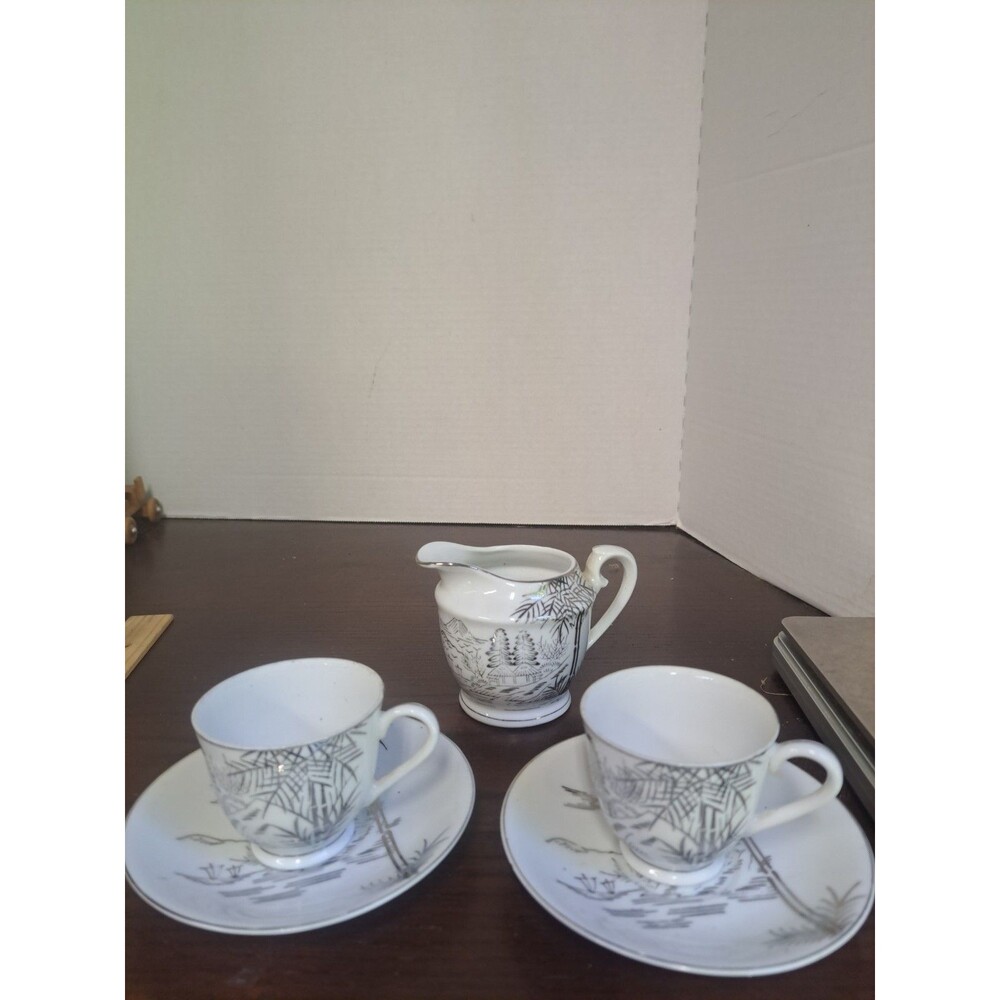 Set Of 1950s Mitake Lithophane White With Siver Bamboo 2cups W/ Saucers And...